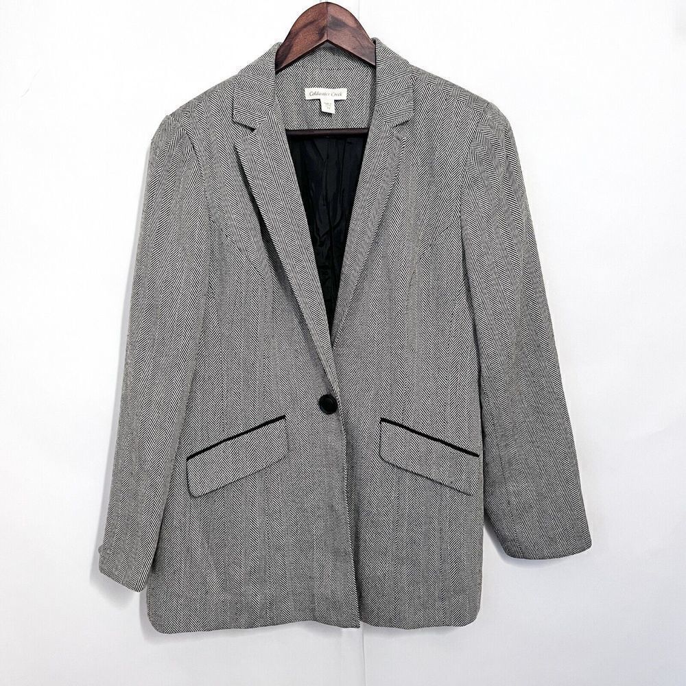 Coldwater Creek Women's Blazer Long Line One Button Size 12 Gray Chevron